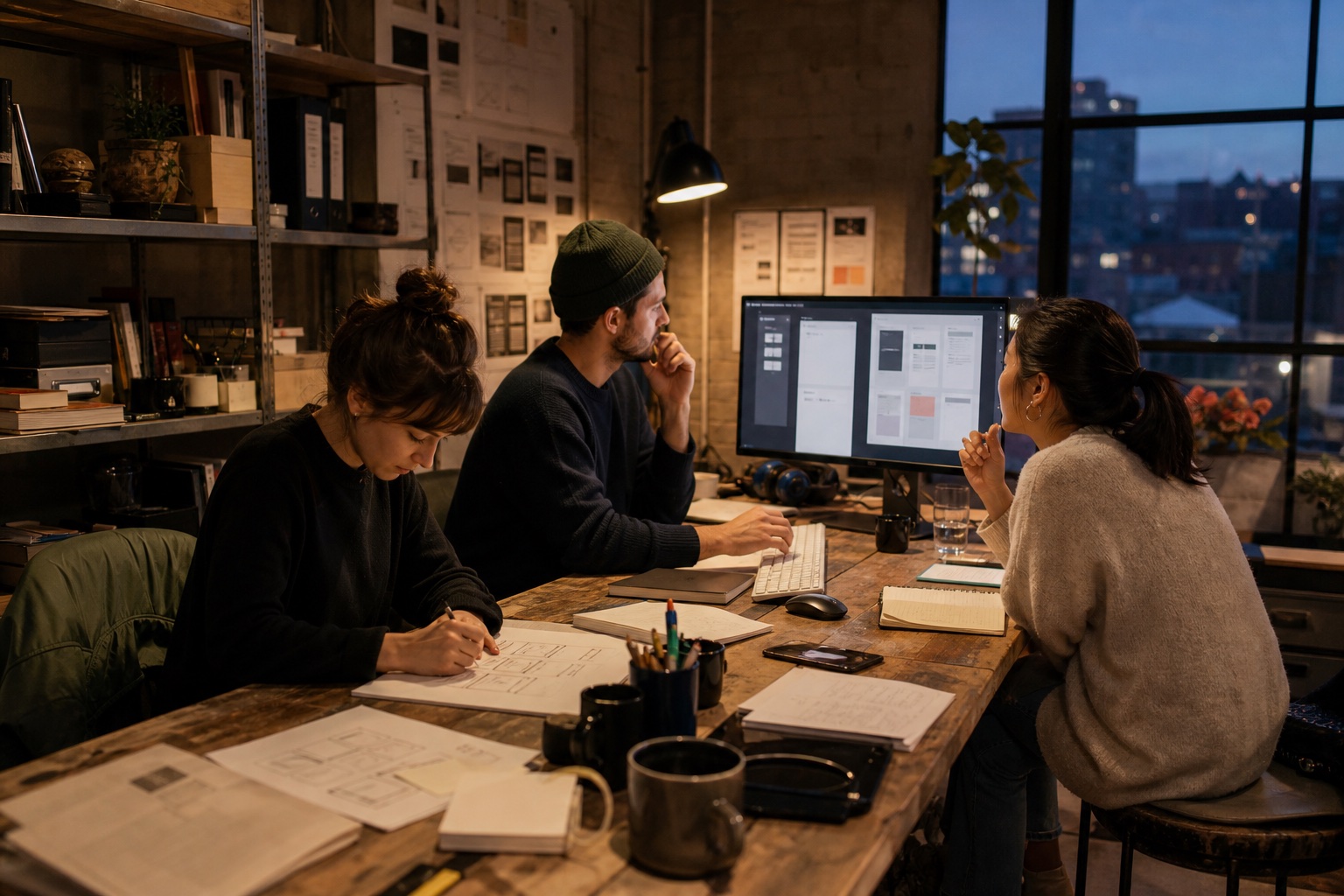 A small independent product team designing together in a warm studio