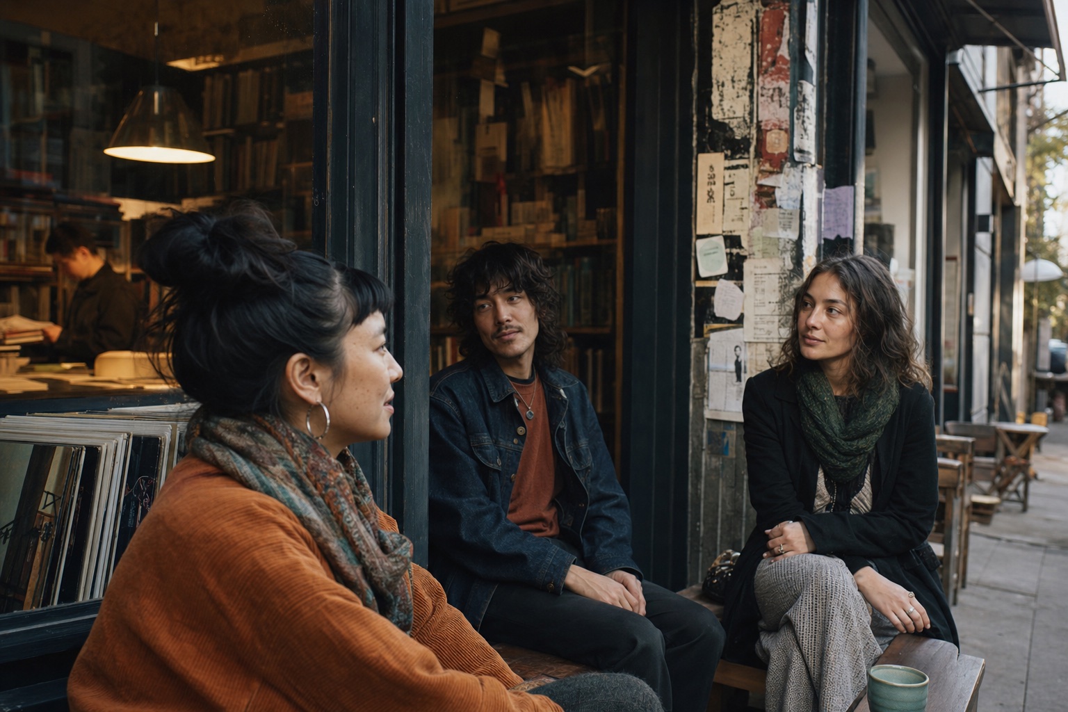 Three distinctive people in conversation outside a neighborhood book and record shop
